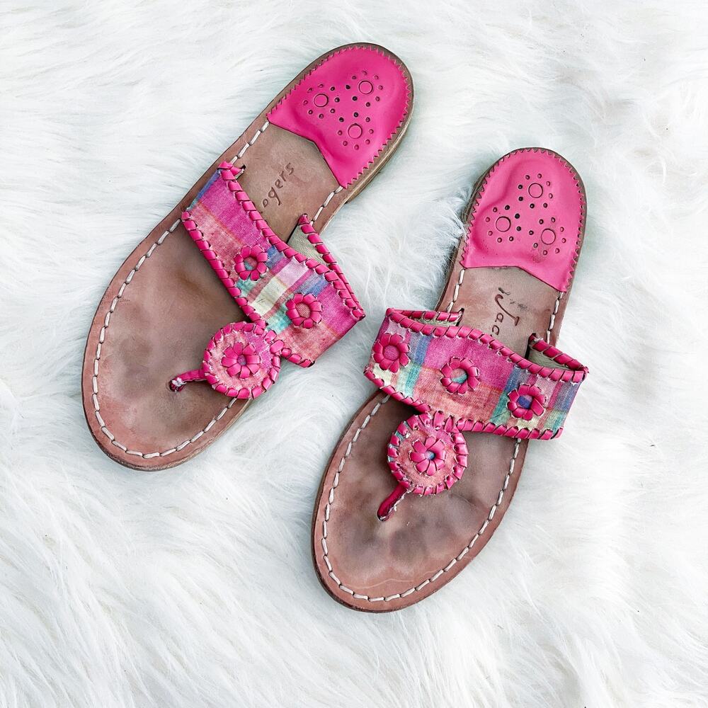 Jack Rogers Kyra Pink Madras Plaid Leather Sandals Preppy Resortcore Coastal